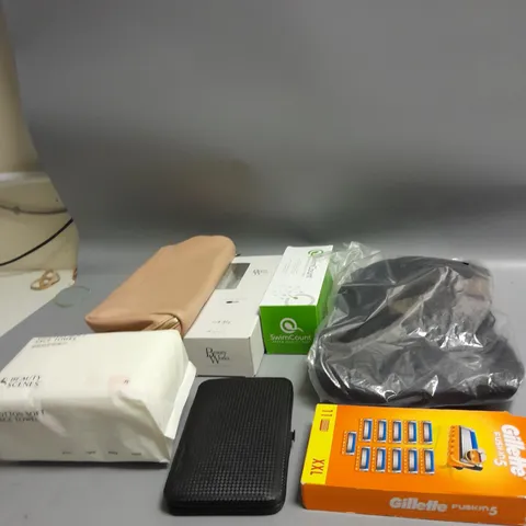 BOX OF ASSORTED COSMETIC ITEMS TOO INCLUDE RAZORS , WIGS , RAZOR , ETC