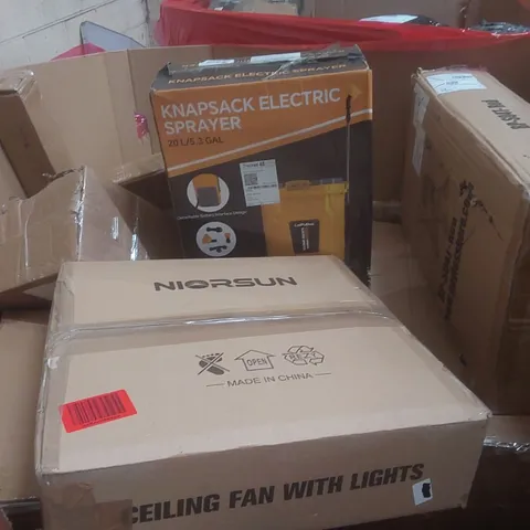 PALLET CONTAINING A LARGE QUANTITY OF ASSORTED ITEMS INCLUDING: CEILING FAN WITH LIGHT, KNAPSACK ELECTRIC SPRAYER ECT