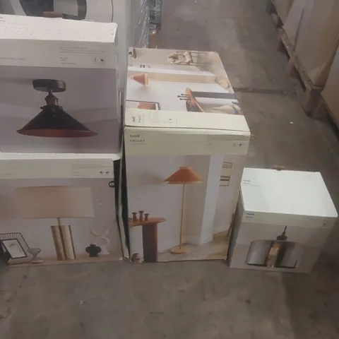 PALLET CONTAINING A VERY LARGE QUANTITY OF ASSORTED DESIGNER LIGHTING PRODUCTS TO INCLUDE: FLOOR LAMP, TABLE LAMP, CEILING LIGHTS