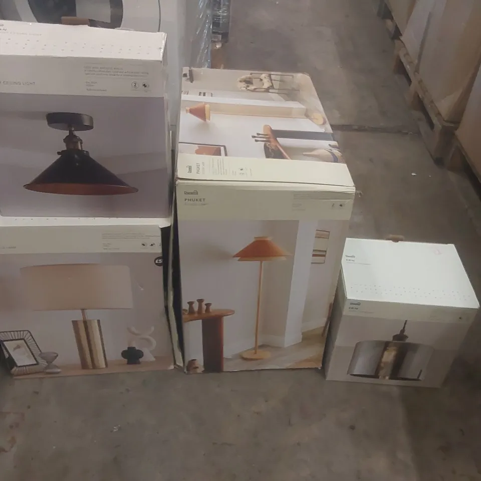 PALLET CONTAINING A VERY LARGE QUANTITY OF ASSORTED DESIGNER LIGHTING PRODUCTS TO INCLUDE: FLOOR LAMP, TABLE LAMP, CEILING LIGHTS
