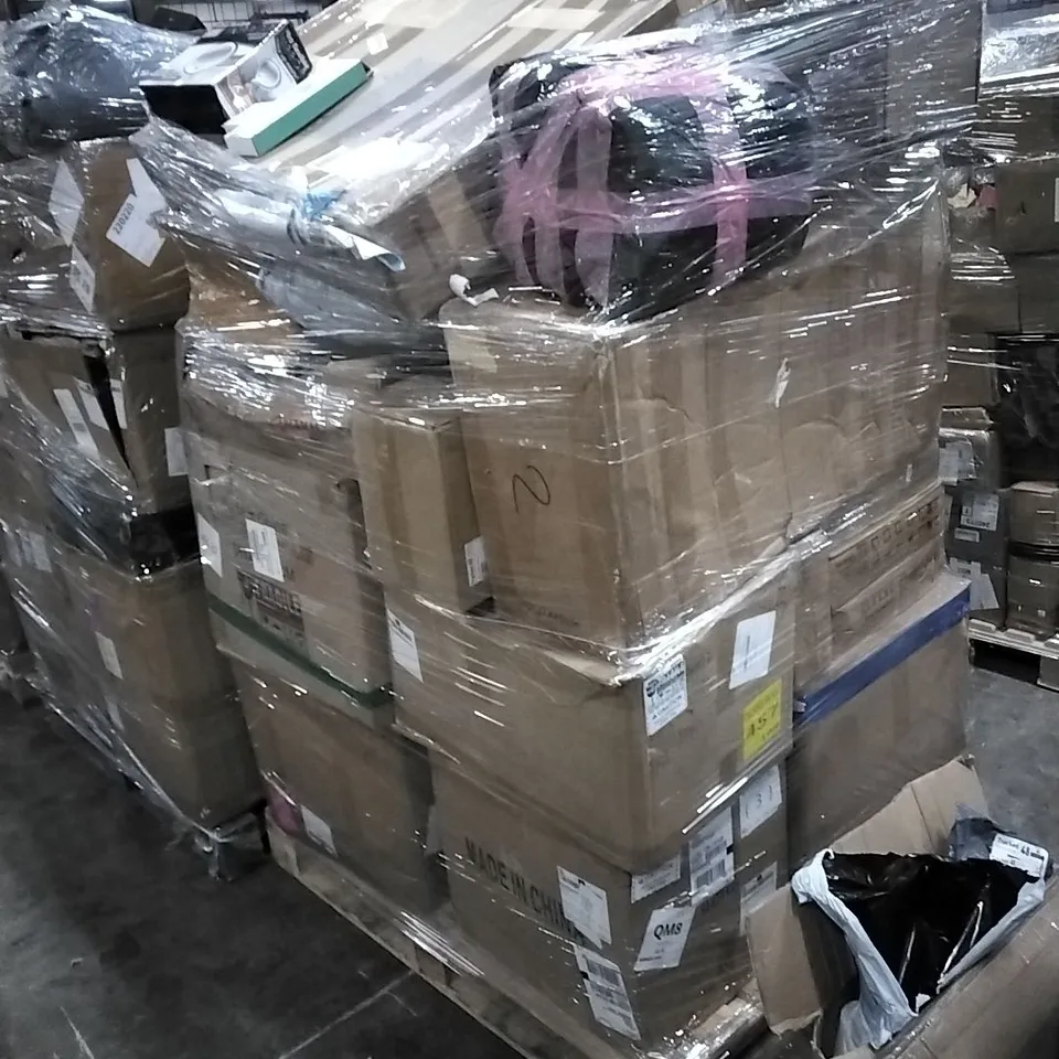 PALLET OF ASSORTED FURNITURE, HOUSEHOLD GOODS & PRODUCTS TO INCLUDE; MIRROR, SOIL TESTER, BATTERY, FURNITURE ETC 