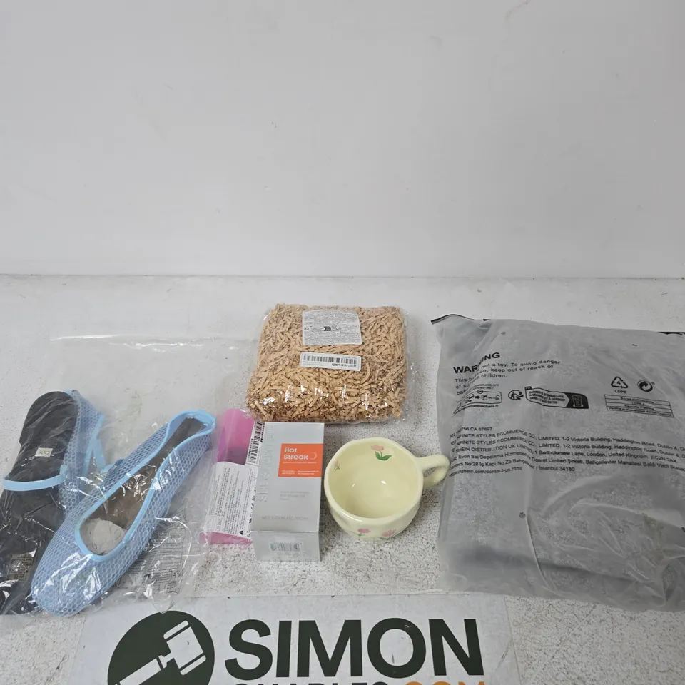 BOX OF APPROXIMATELY 15 ASSORTED ITEMS INCLUDING A FLOWER PAINTED MUG, SOME BLUE SHOES AND SHEGLAM HAIR HOT STREAK LEAVE-IN PROTECTION SERUM