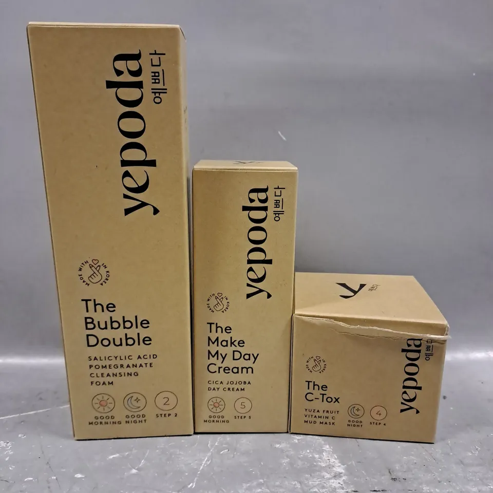 3 YEPODA PRODUCTS TO INCLUDE THE DOUBLE BUBBLE, THE MAKE MY DAY CREAM, THE C-TOX