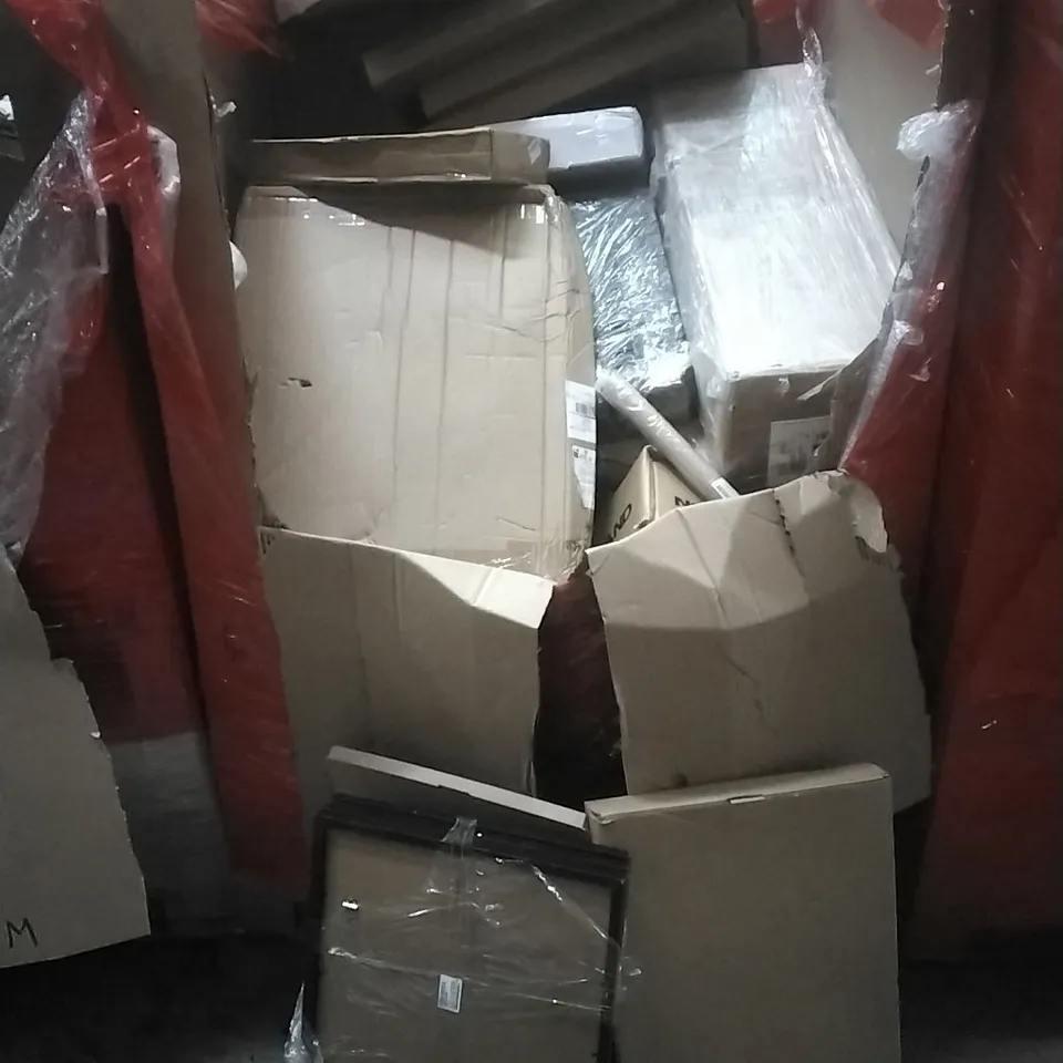 PALLET OF ASSORTED HOUSEHOLD GOODS AND PRODUCTS TO INCLUDE; PICTURE FRAMES, BOXED FURNITURE ETC