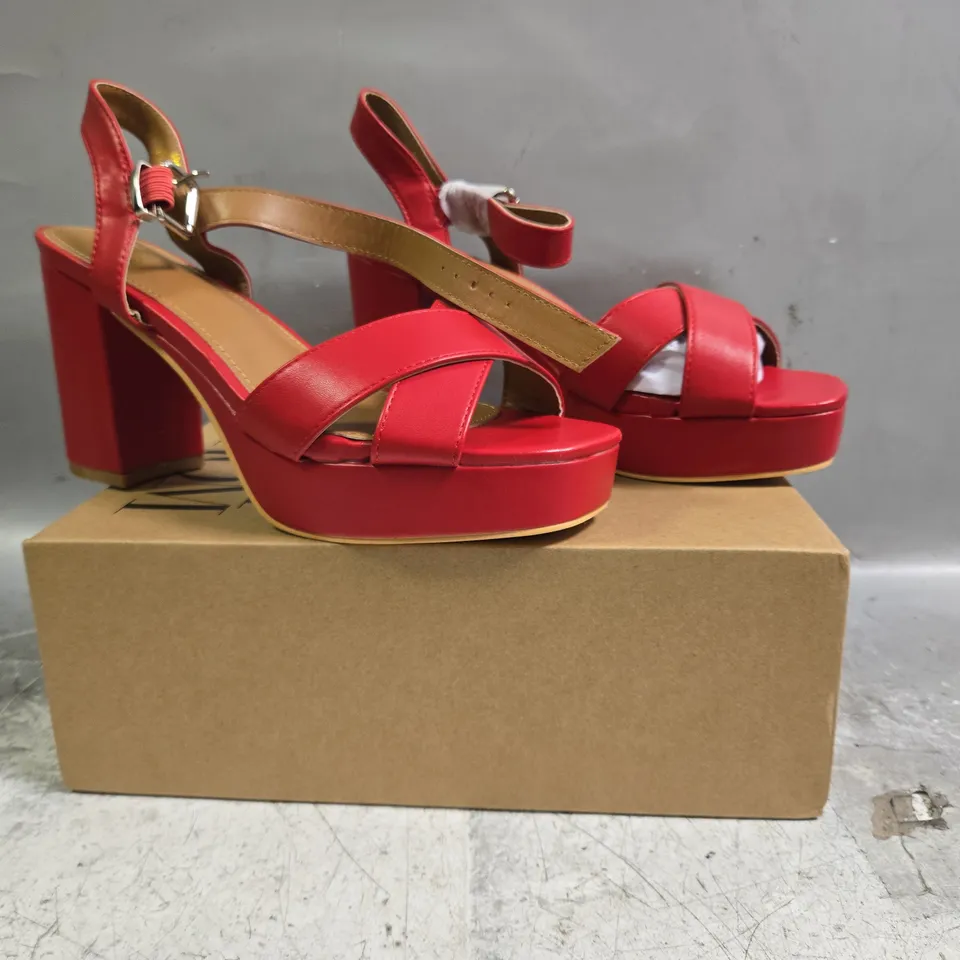 BOXED PAIR OF WHERE'S THAT FROM OPEN TOE BLOCK HEEL SANDALS IN RED SIZE UK 6
