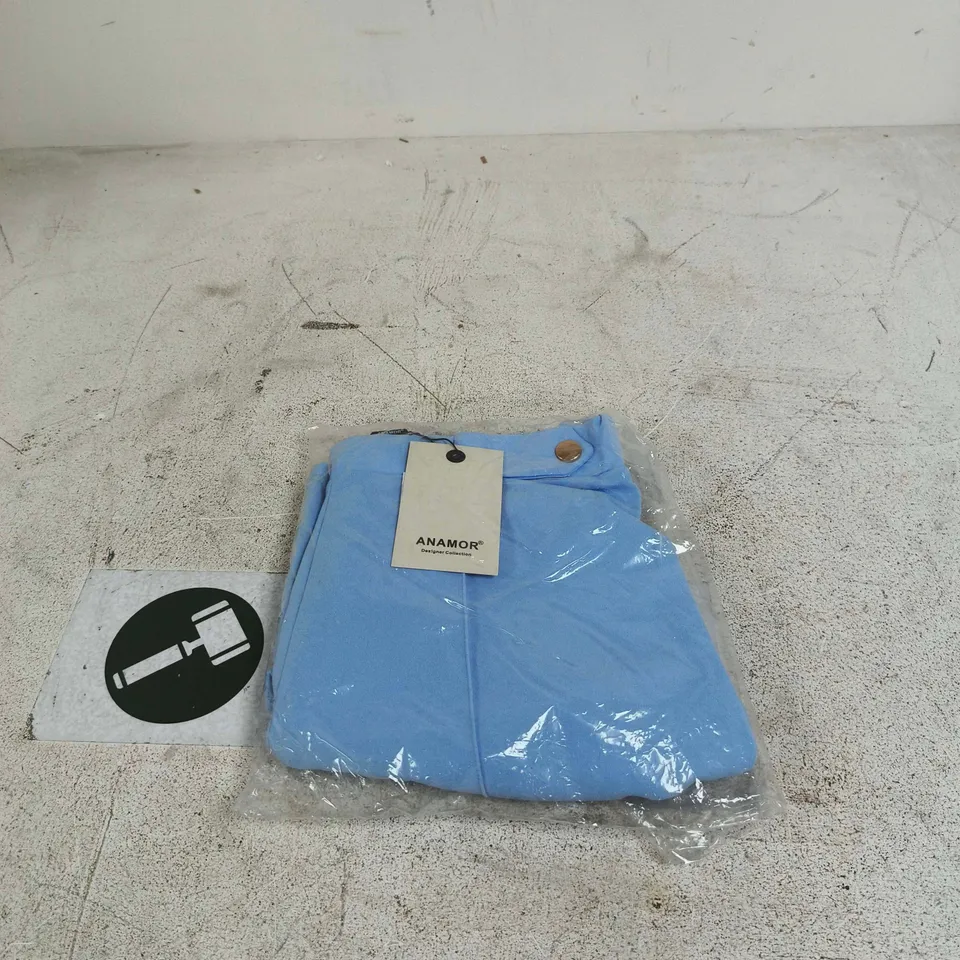 ANAMOR CREPE PINTUCK TROUSERS GOLD BUTTON DETAIL UK 12 27 LEG PALE BLUE TAGGED BAGGED