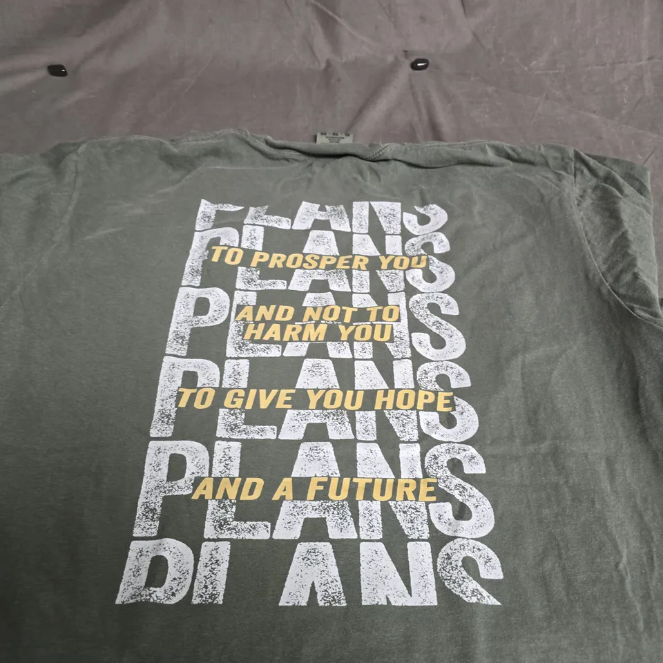 COMFORT COLORS HEAVYWEIGHT T-SHIRT – OLIVE/GREY, TATTOOS + TEARS FRONT; BACK PLANS GRAPHIC - XL