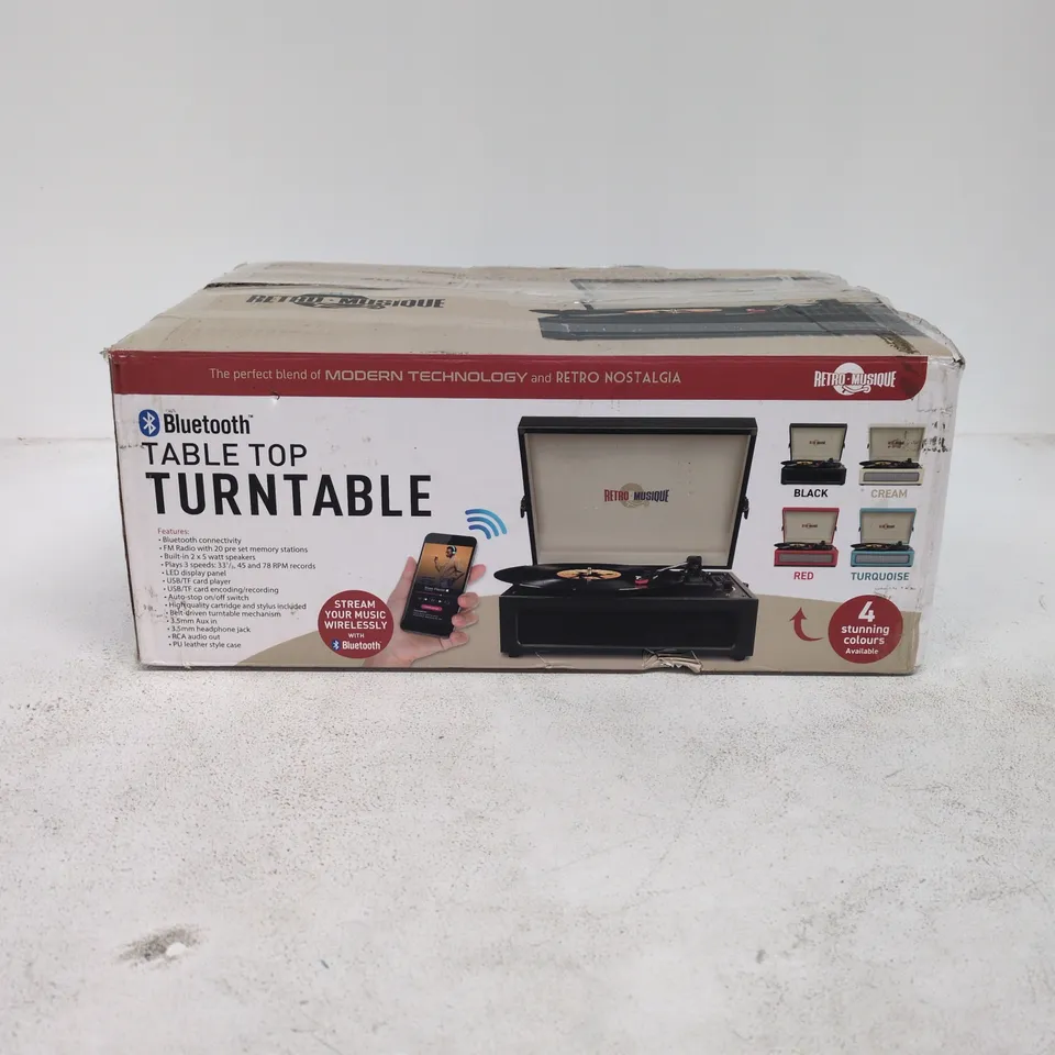 RETRO MUSIQUE BLUETOOTH TABLE TOP TURNTABLE – BLACK (BOXED WITH LID)