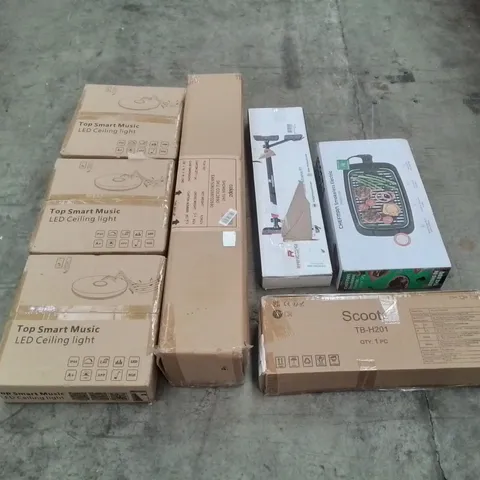 PALLET OF ASSORTED HOUSEHOLD GOODS AND PRODUCTS TO INCLUDE; TOP SMART MUSIC LED CEILING LIGHTS, SHOWER TENT, SCOOTER, ELECTRIC INDOOR GRILL ETC
