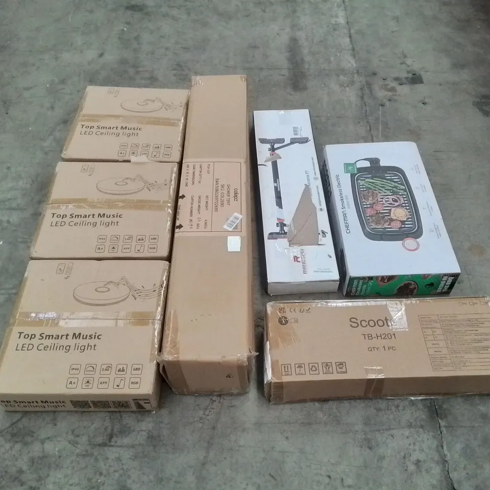 PALLET OF ASSORTED HOUSEHOLD GOODS AND PRODUCTS TO INCLUDE; TOP SMART MUSIC LED CEILING LIGHTS, SHOWER TENT, SCOOTER, ELECTRIC INDOOR GRILL ETC