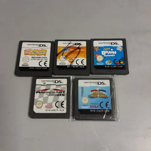 5 X ASSORTED NINTENDO DS GAMES TO INCLUDE JUNIOR BRAIN TRAINER, MARIO KART DS, MY PET SHOP ETC