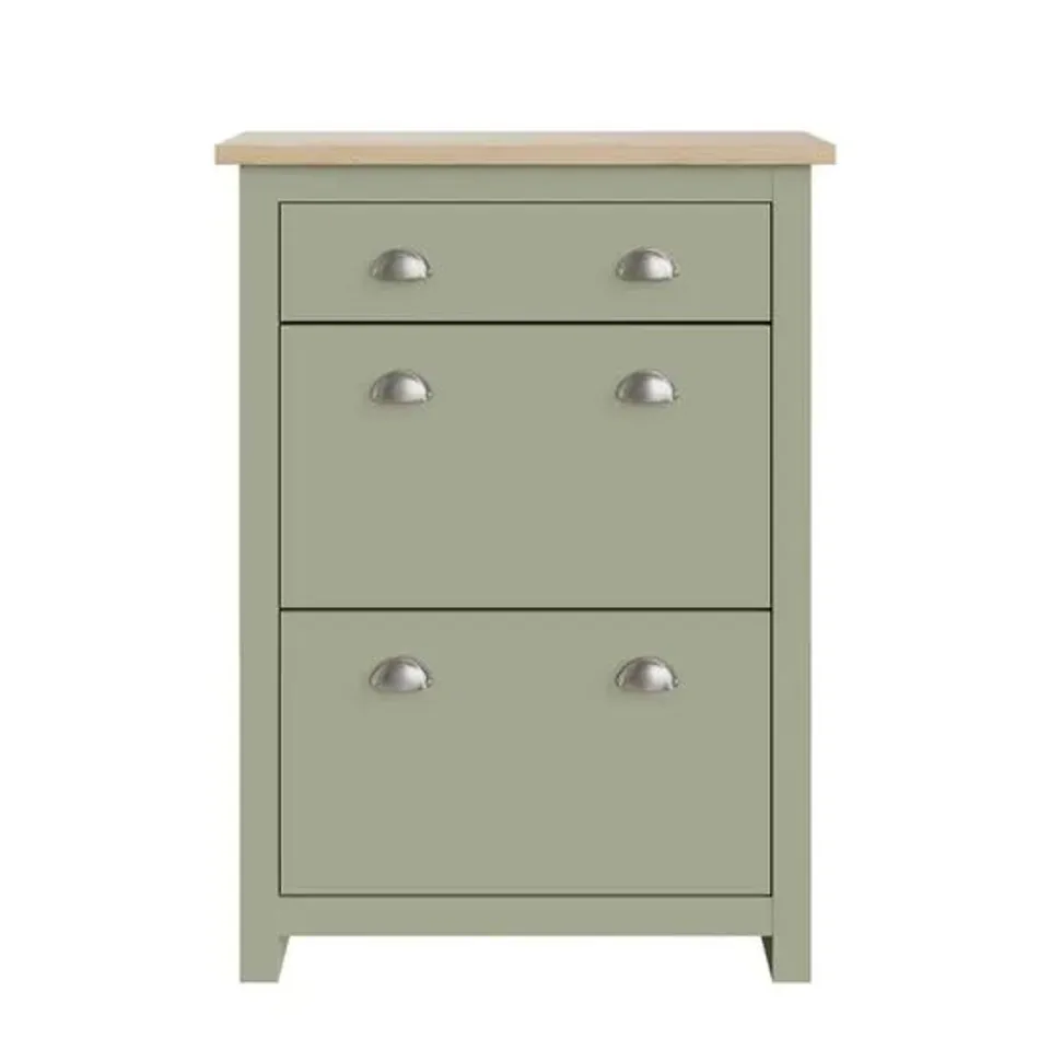 BOXED LANCASTER 2 DOOR 1 DRAWER SHOE CABINET - SAGE GREEN (1 BOX)