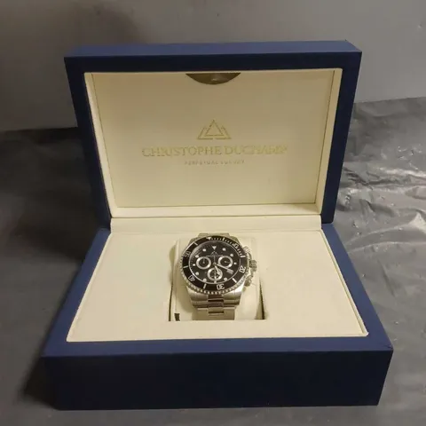 BOXED CHRISTOPHE DUCHAMP MARINE CHRONOGRAPH WATCH WITH BLACK DIAL & BEZEL 