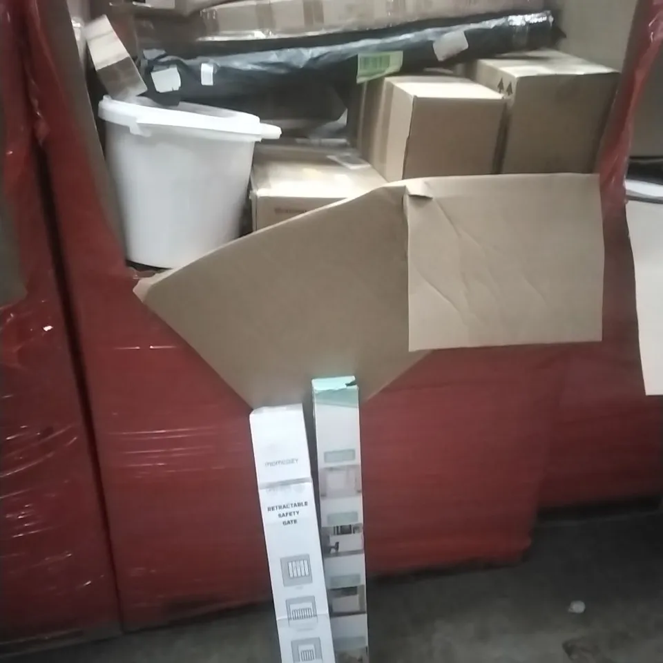 PALLET OF ASSORTED HOUSEHOLD GOODS AND PRODUCTS TO INCLUDE; RETRACTABLE SAFETY GATES, CEILING LIGHT WITH FAN BOXED FURNITURE ETC