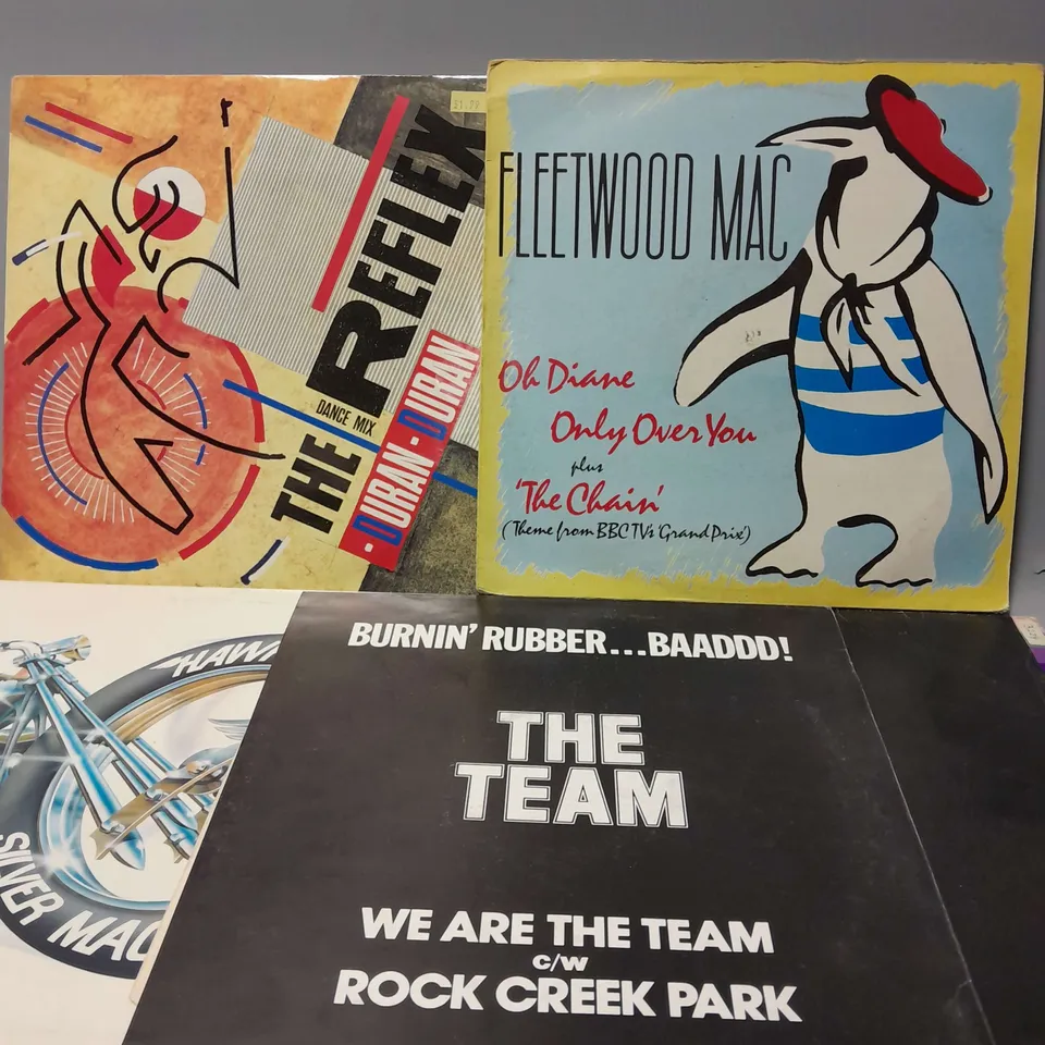 10 ASSORTED VINYL RECORDS TO INCLUDE FLEETWOOD MAC OH DIANE ONLY OVER YOU AND THE CHAIN, DURAN DURAN THE REFLAX DANCE MIX, HAWKWIND SILVER MACHINE, ETC