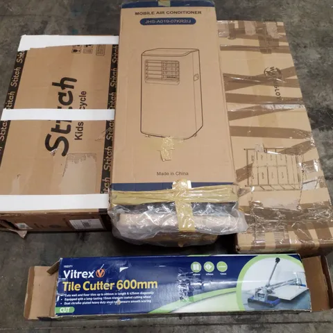 PALLET OF ASSORTED PRODUCTS INCLUDING 600MM TILE CUTTER, MOBILE AIR CONDITIONER, KIDS BICYCLE, 8 DRAWER CHEST OF DRAWERS