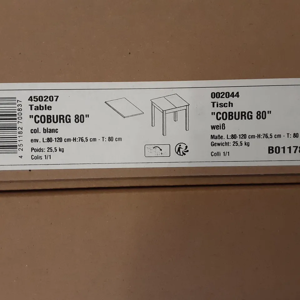 BOXED DESIGNER COBURG 80 TABLE IN WHITE - L: 80-120CM- H:76,5- T: 80CM 