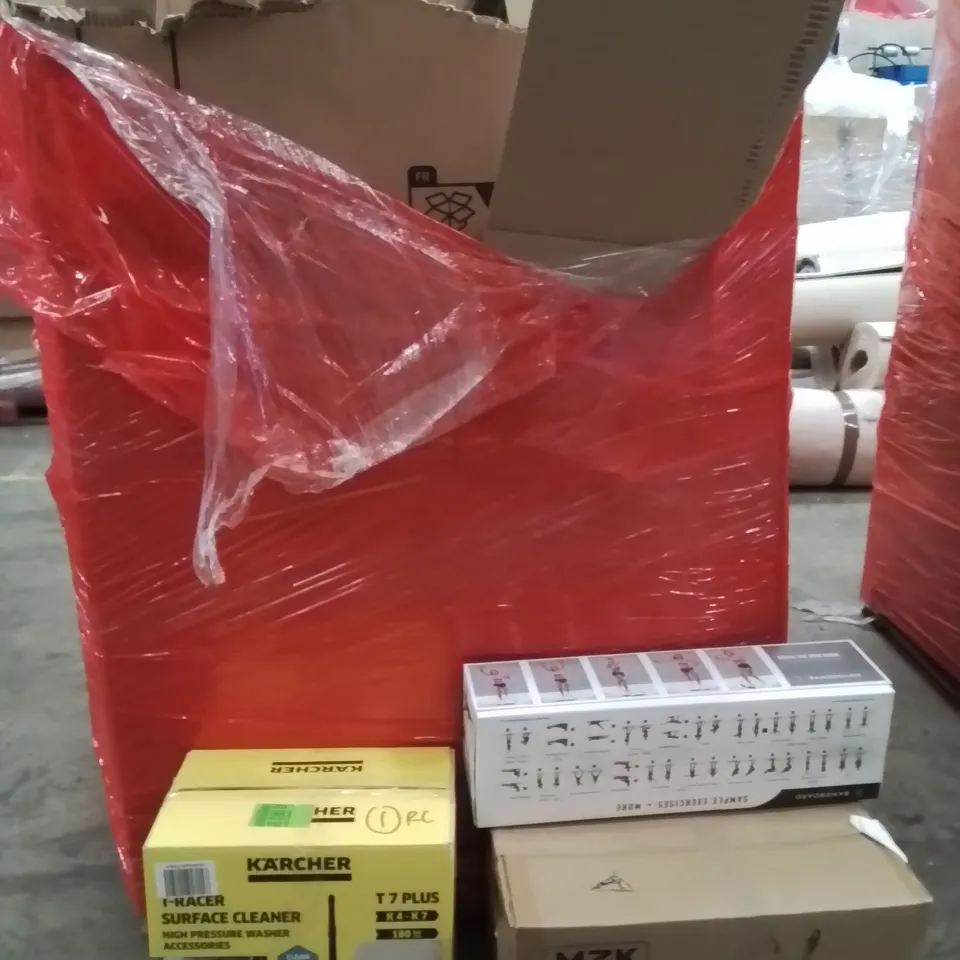 PALLET OF ASSORTED HOUSEHOLD GOODS AND PRODUCTS TO INCLUDE;ELECTRIC TILLER,PRESSURE WASHER,RESISTANCE BANDS