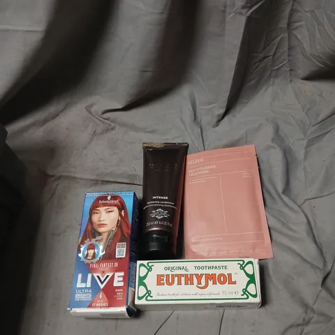 APPROXIMATELY 30 ITEMS INCLUDING SCHWARZKOPF LIVE ULTRA BRIGHTS HAIR COLOUR – DARK RED 026; EUTHYMOL TOOTHPASTE; BIO-COLLAGEN FACE MASK; GRANIUM SLEEP BUTTER & TRAVEL-SIZE TOILETRIES (ASSORTED BEAUTY 