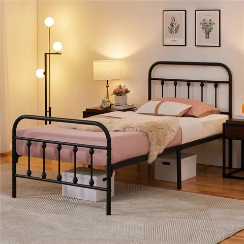 BOXED YAHEETECH METAL BED FRAME WITH VINTAGE HEADBOARD - 90CM SINGLE, BLACK (1 BOX)