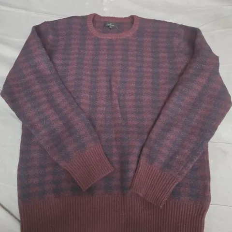 JASPER CONRAN KNIT SWEATER – BURGUNDY/NAVY CHECK, UK SIZE L