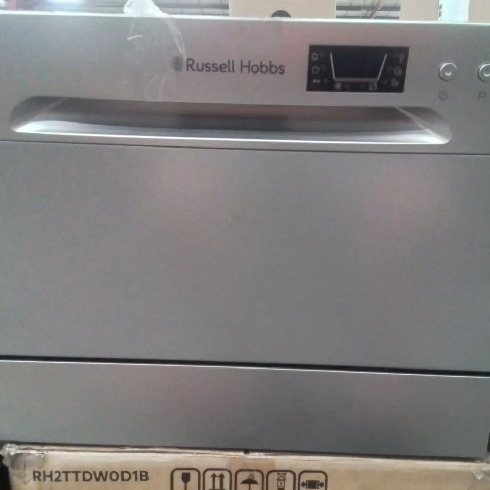 RUSSELL HOBBS TABLE TOP DISHWASHER COMPACT MINI WITH 6 PLACE SETTINGS, LED DISPLAY, BUTTON CONTROL, 6 PROGRAMMES, PORTABLE & EFFICIENT, 24HR TIMER, RINSE & ECO MODE IN SILVER, RH6TTDW0D1S