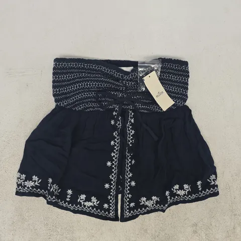 HOLLISTER EASY STRAPLESS FLYAWAY BABYDOLL TOP IN DARK NAVY/IVORY SIZE XS