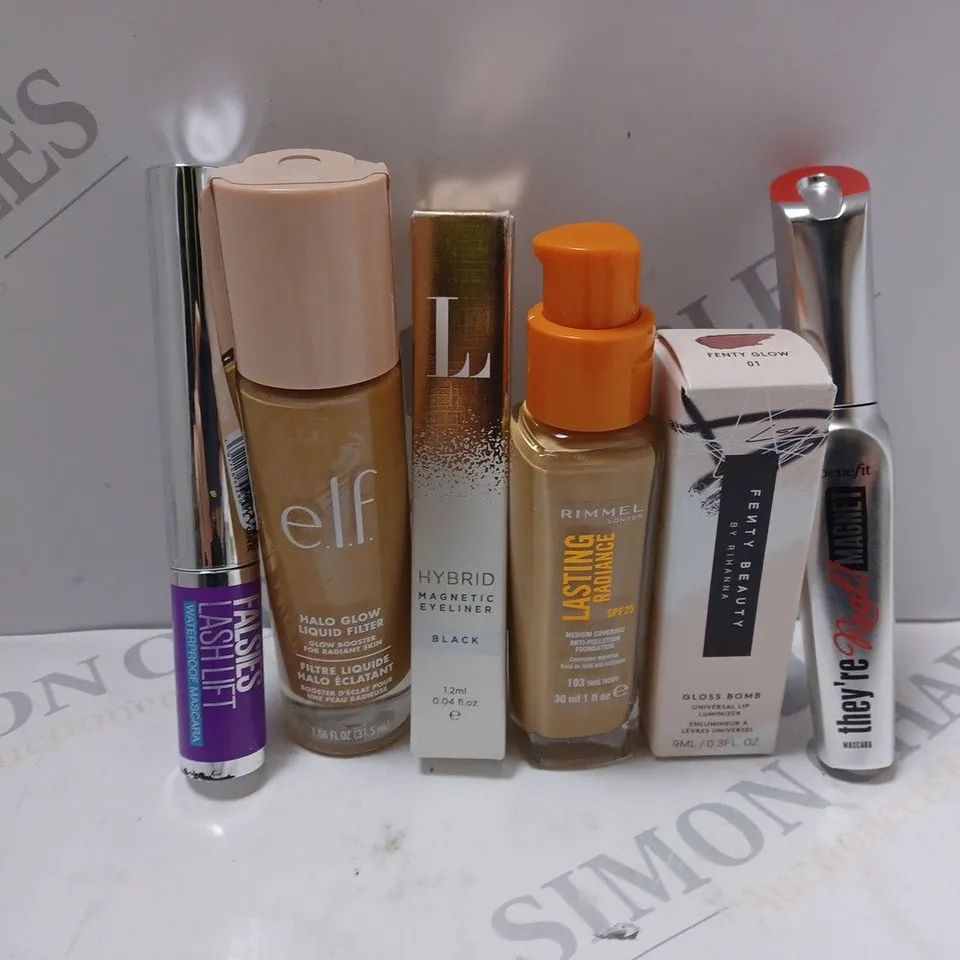 APPROXIMATELY 6 MAKEUP PRODUCTS TO INCLUDE ELF HALO GLOW LIQUID FILTER (31.5ml), FENTY BEAUTY GLOSS BOMB LIP LUMINIZER (9ml), RIMMELL LONDON LASTING RADIANCE FOUNDATION 103 (30ml), ETC