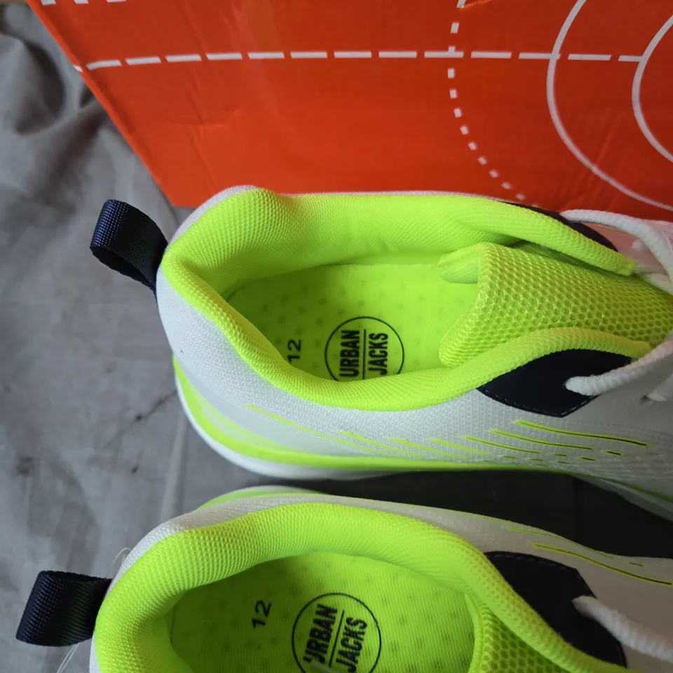URBAN JACKS WHITE TRAINERS WITH NEON YELLOW LINING, UK 12