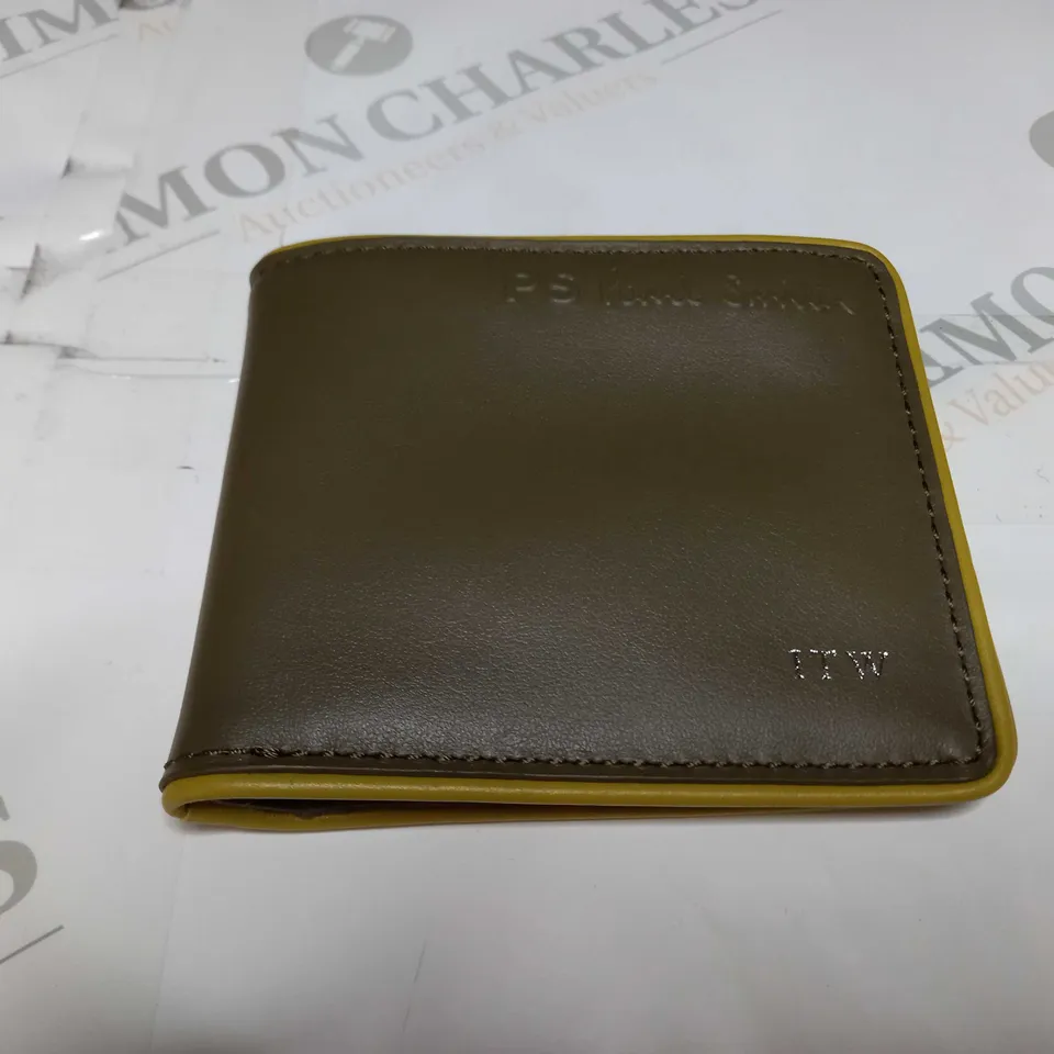 BOXED PAUL SMITH 'ITW' WALLET IN DARK GREEN/MUSTARD YELLOW