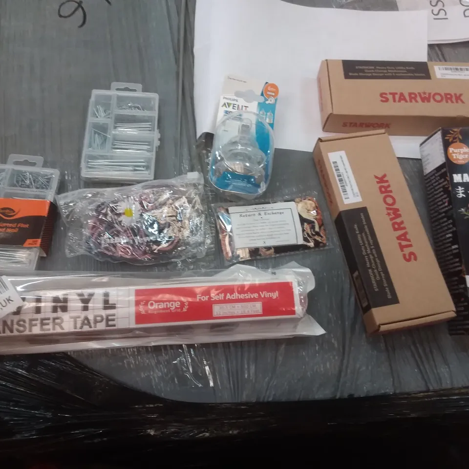PALLET OF ASSORTED ITEMS INCLUDING KALEURRIER OFFICE CHAIR, ACRYLIC PAINT SET, DEZENE CUSHION COVER, BUTTERFLY KITE, THREADED INSERT WOOD SCREWS FOR WOOD FURNITURE, RED BERRY PINE PACKS DECOR