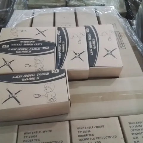 PALLET CONTAINING LARGE QUANTITY OF WINE SHELVES, RING TOSS GAMES, STORAGE UNITS ECT.