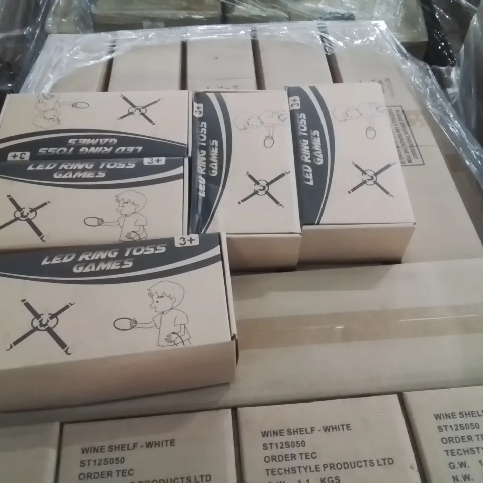 PALLET CONTAINING LARGE QUANTITY OF WINE SHELVES, RING TOSS GAMES, STORAGE UNITS ECT.
