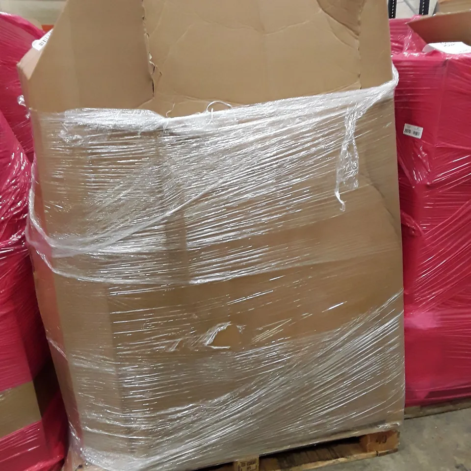 PALLET OF APPROXIMATELY ASSORTED HOUSEHOLD & ELECTRICAL ITEMS INCLUDING ERGONOMIC KNEELING CHAIR, EXTRA LONG WOODEN SPATULA, FLOOR FAN, TEFAL REFRY PAN, BALL LAUNCHER