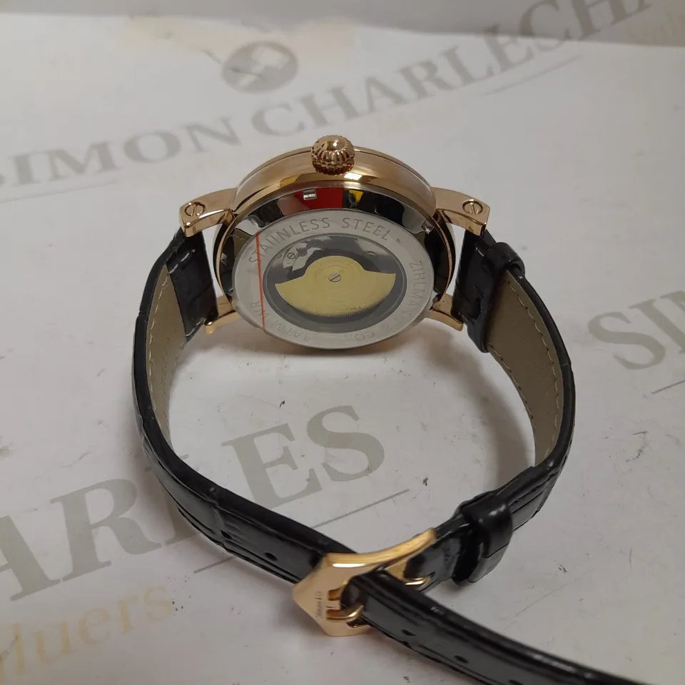 MENS ZIHLMANN & CO AUTOMATIC WATCH – Z150 – MOONPHASE DIAL – GLASS EXHIBITION BACKCASE - SILVER COLOUR CASE – BLACK LEATHER STRAP