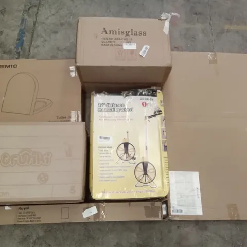 PALLET OF ASSORTED ITEMS INCLUDING STOREMIC TOILET SEAT, AMISGLASS GLASS JARS, 12" DISTANCE MEASURING WHEEL, KUYAL CHAIR MAT, TRUNKI, NAVARIS MAGNETIC MEMO BOARD