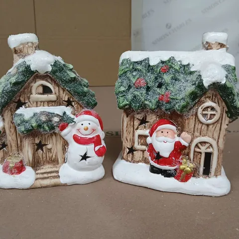 FESTIVE SET OF 2 LIT CERAMIC SANTA/SNOWMAN HOUSE CHRISTMAS DECORATIONS 