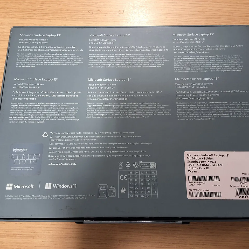 BOXED MICROSOFT SURFACE LAPTOPS 13"1ST EDITION 16GB/512GB IN OCEAN - 2095