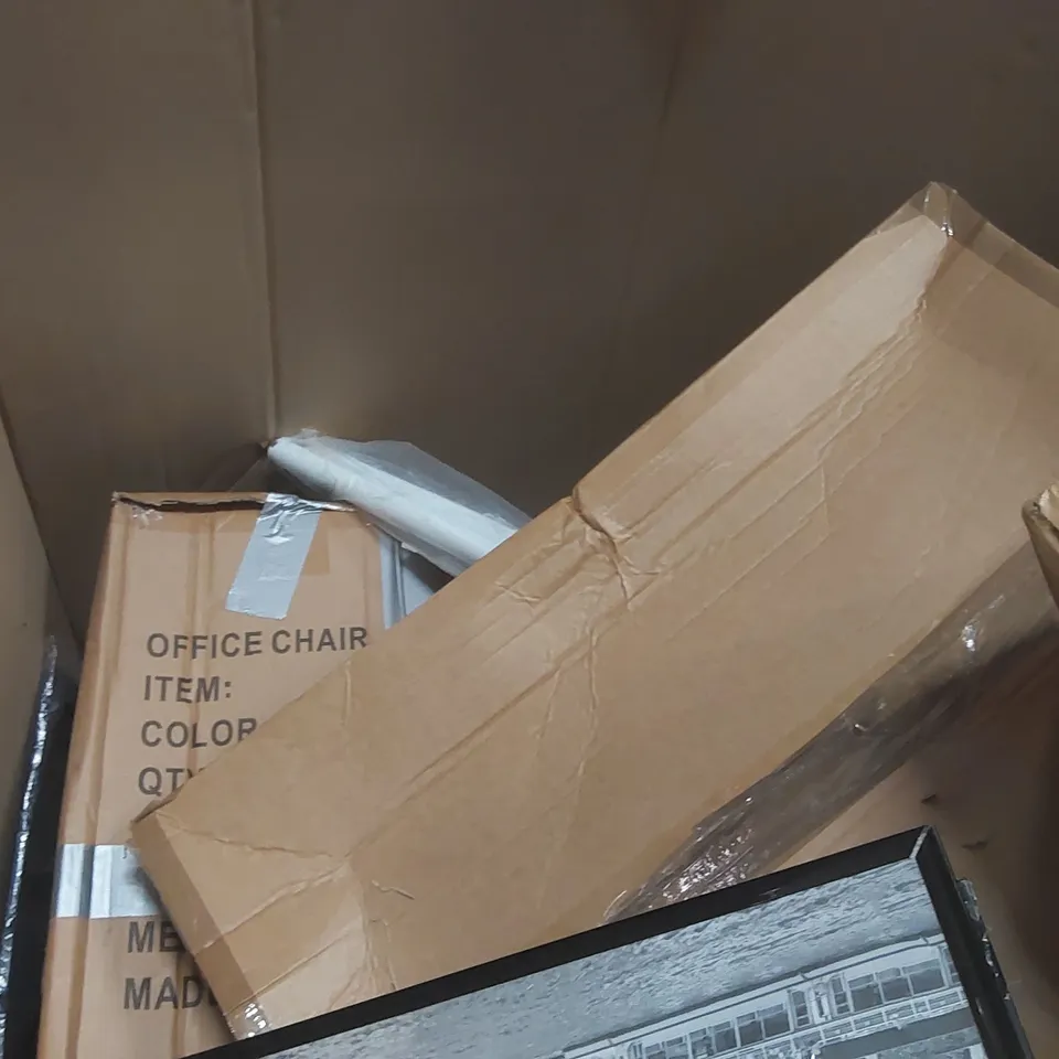PALLET CONTAINING ASSORTED ITEMS TO INCLUDE: OFFICE CHAIRS, DESK, COLLAGE PICTURE FRAME, RUG ECT