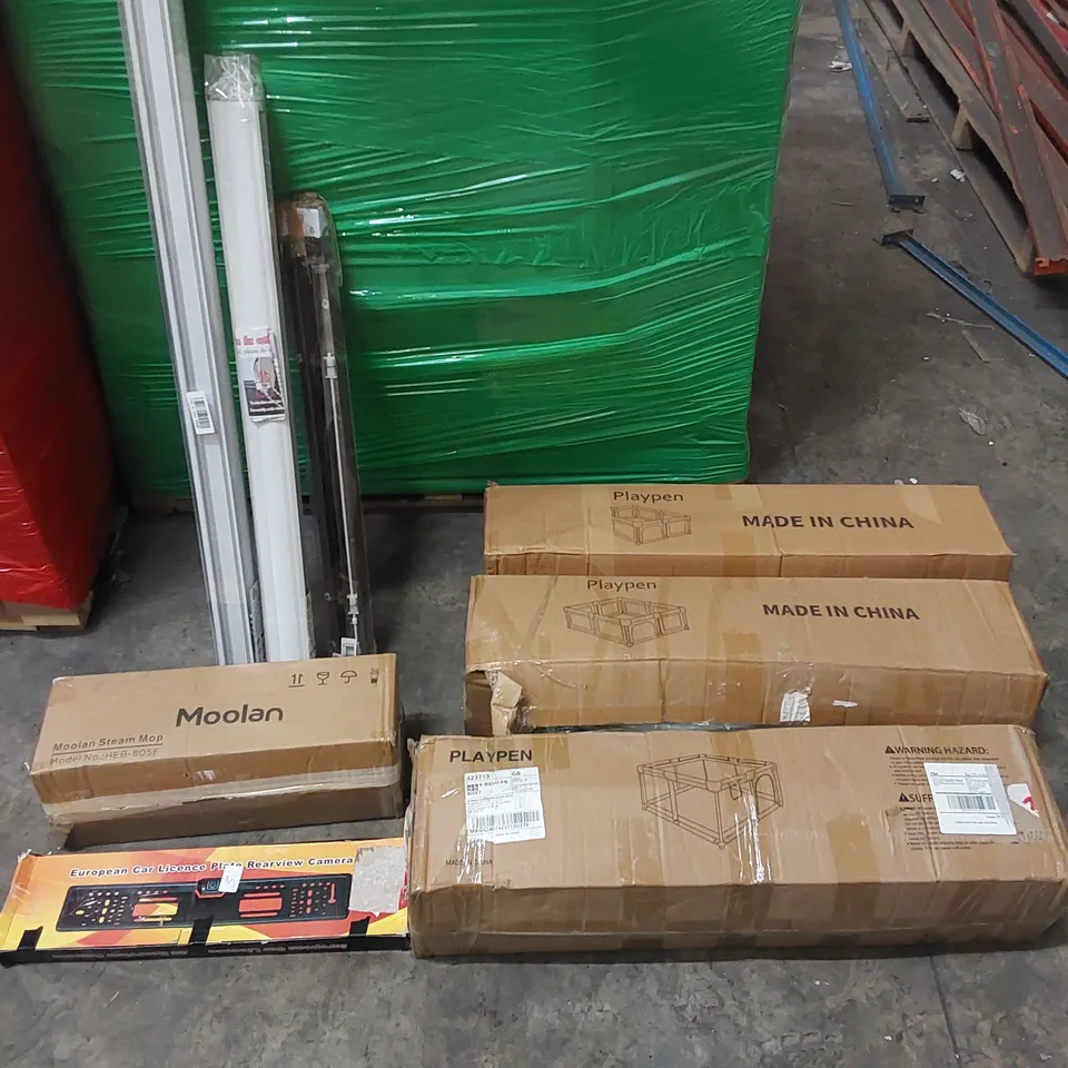 PALLET OF ASSORTED CONSUMER PRODUCTS TO INCLUDE: PLAYPENS, STEAM MOP, BLINDS, CAR REAR VIEW CAMERA ECT