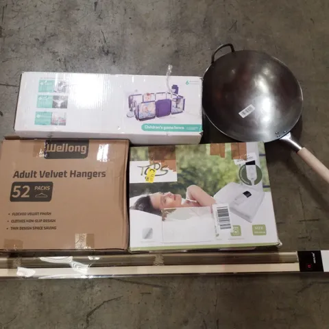 PALLET CONTAINING ASSORTED PRODUCTS INCLUDING CHILDRENS GAME FENCE, WOK, ADULT VELVET HANGERS, HEATED THROW, VENETIAN BLIND & METAL PET CRATE