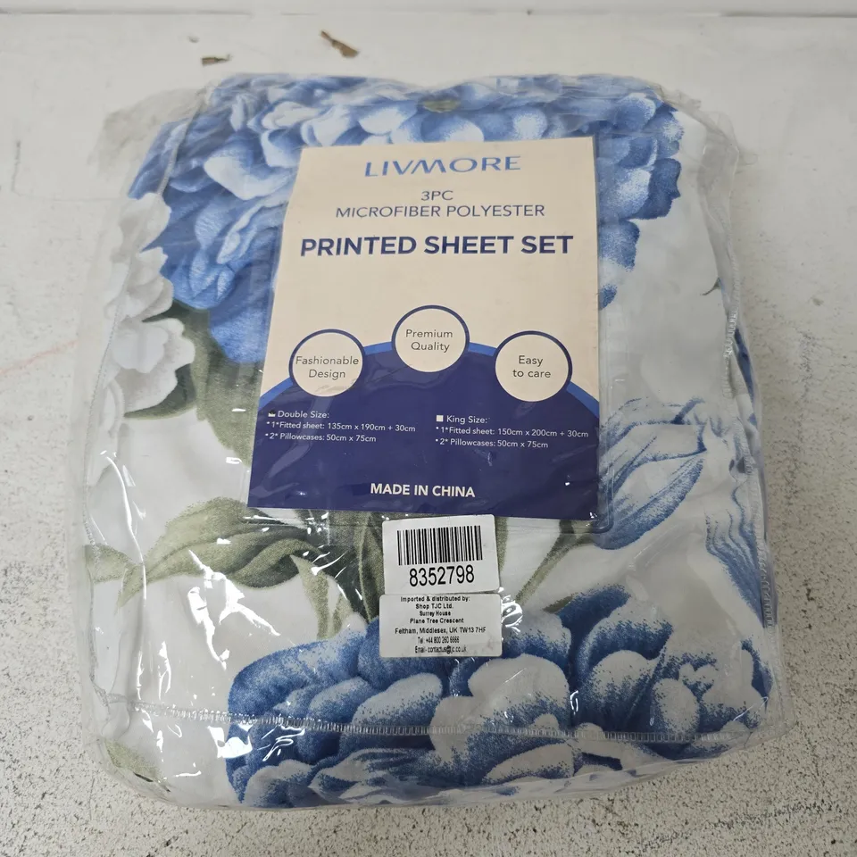LIVMORE 3PC MICROFIBRE POLYESTER PRINTED SHEET SET IN BLUE - DOUBLE