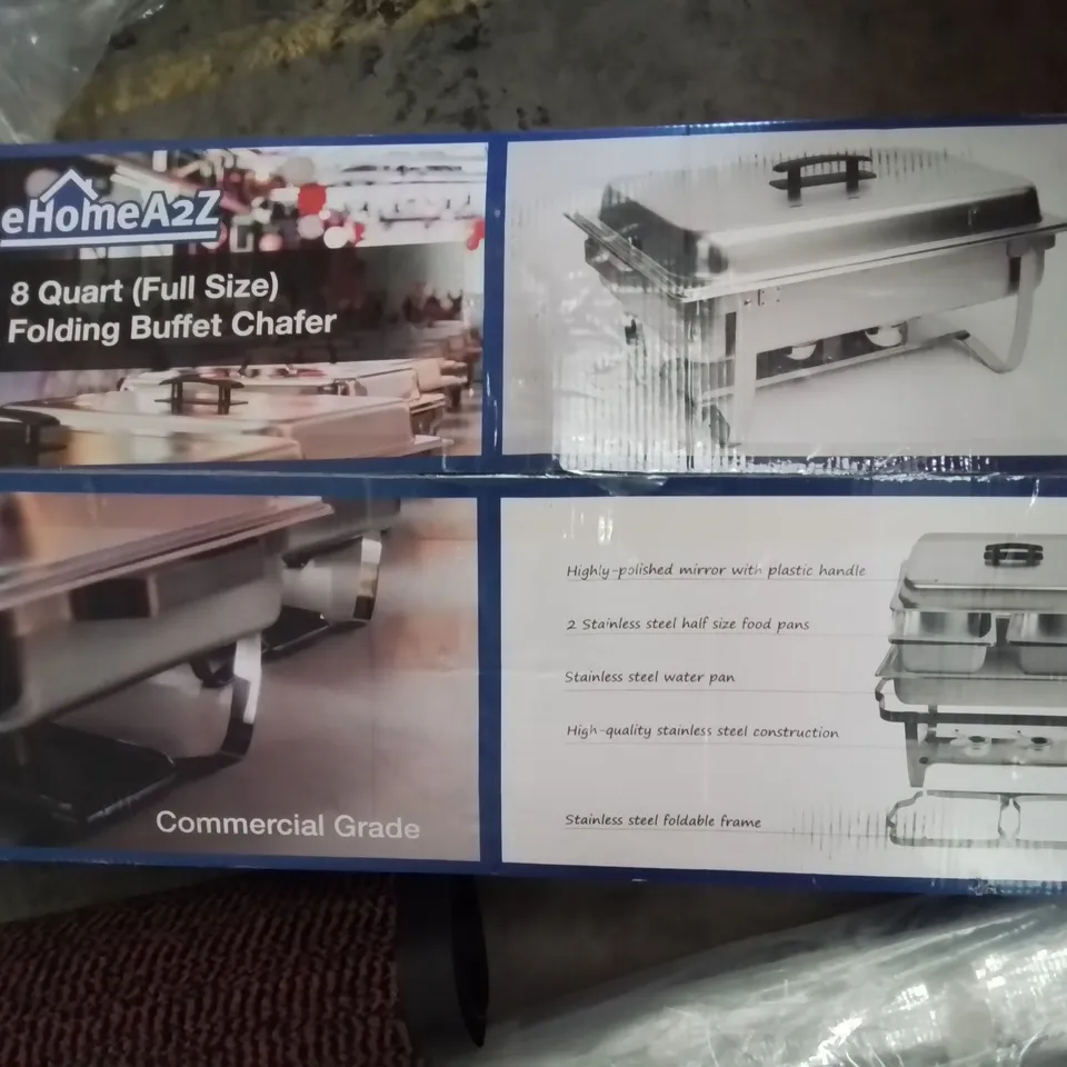 PALLET OF ASSORTED PRODUCTS, INCLUDING, FOLDING BUFFET CHAFER, PRESSURE WASHER SURFACE CLEANER, REFLECTIVE FOIL, WINDIW BLINDS, WASHABLE MAT.