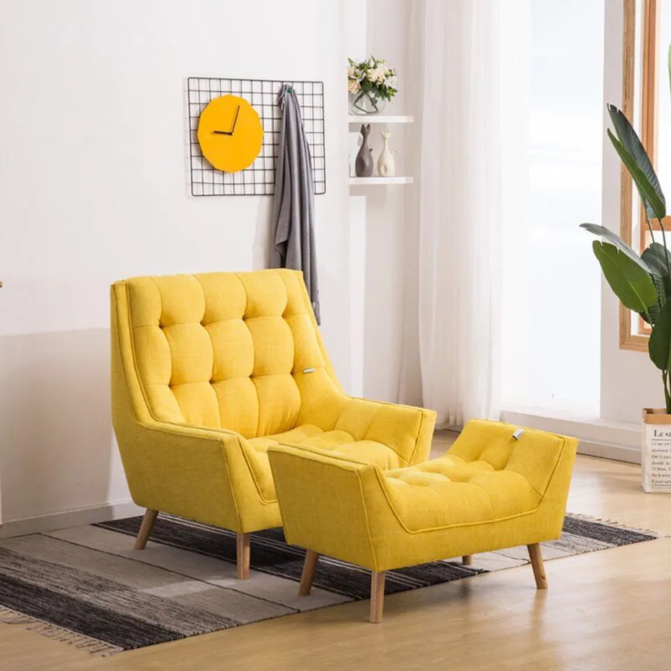 BOXED AMEE UPHOLSTERED ARMCHAIR AND FOOTSTOOL- MUSTARD YELLOW (2 PARTS)