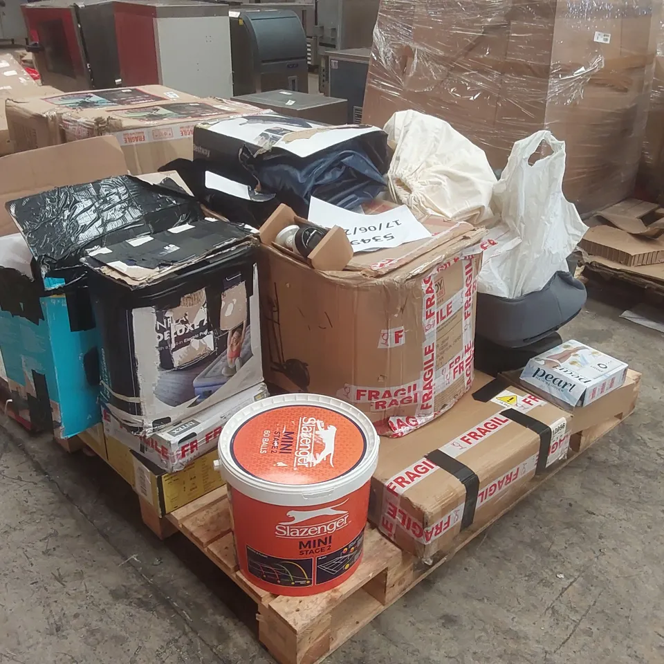 PALLET CONTAINING A LARGE QUANTITY OF ASSORTED ITEMS INCLUDING: EXERCISE MACHINE, TENNIS BALLS, LIGHTS ECT
