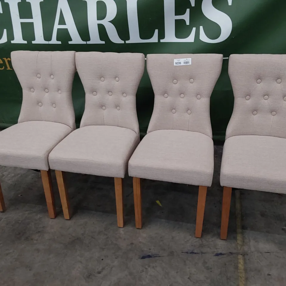 SET OF FOUR UPHOLSTERED BUTTONED BACK DINING CHAIRS BEIGE FABRIC NATURAL WOOD LEGS