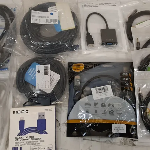 LOT OF APPROXIMATELY 40 ASSORTED CABLES TO INCLUDE HDMI, POWER LEADS AND USB TO VGA