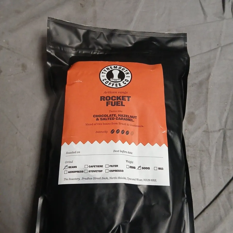 TYNEMOUTH COFFEE CO ROCKET FUEL COFFEE BEANS - CHOCOLATE , HAZELNUT & SALTED CARAMEL - 500G