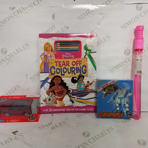 BOX OF APPROX 20 ASSORTED TOYS TO INCLUDE - WELLY NEX RANGE ROVER EVOQUE - DISNEY PRINCESS TEAR OFF COLOURING BOOK - NEW AGE SCARAMANGA MODEL ECT