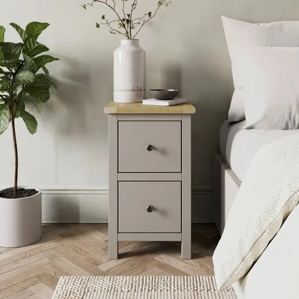 BOXED OLNEY SLIM 2 DRAWER BEDSIDE TABLE - STONE (1 BOX)